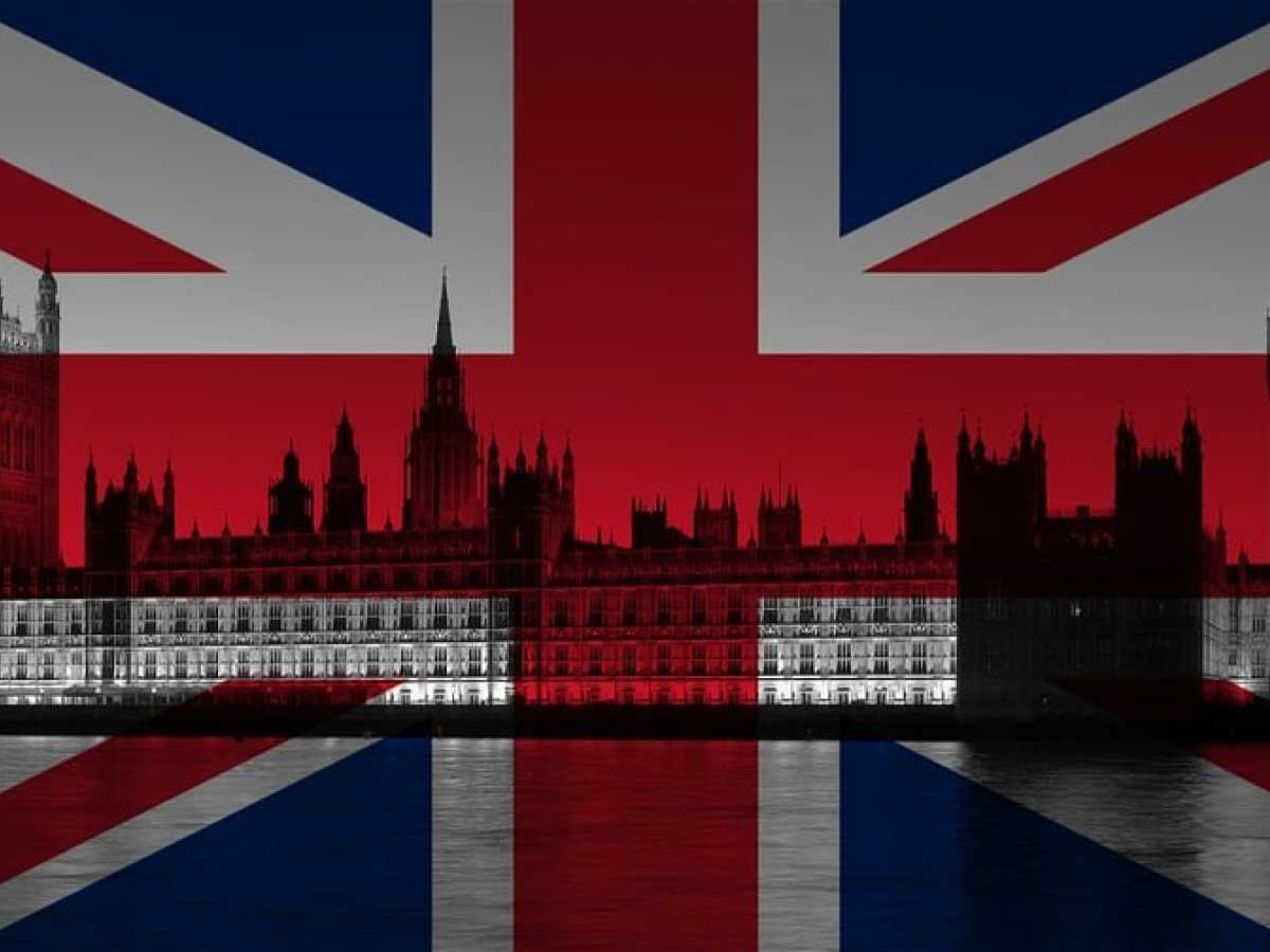 London sky line across the union jack flag