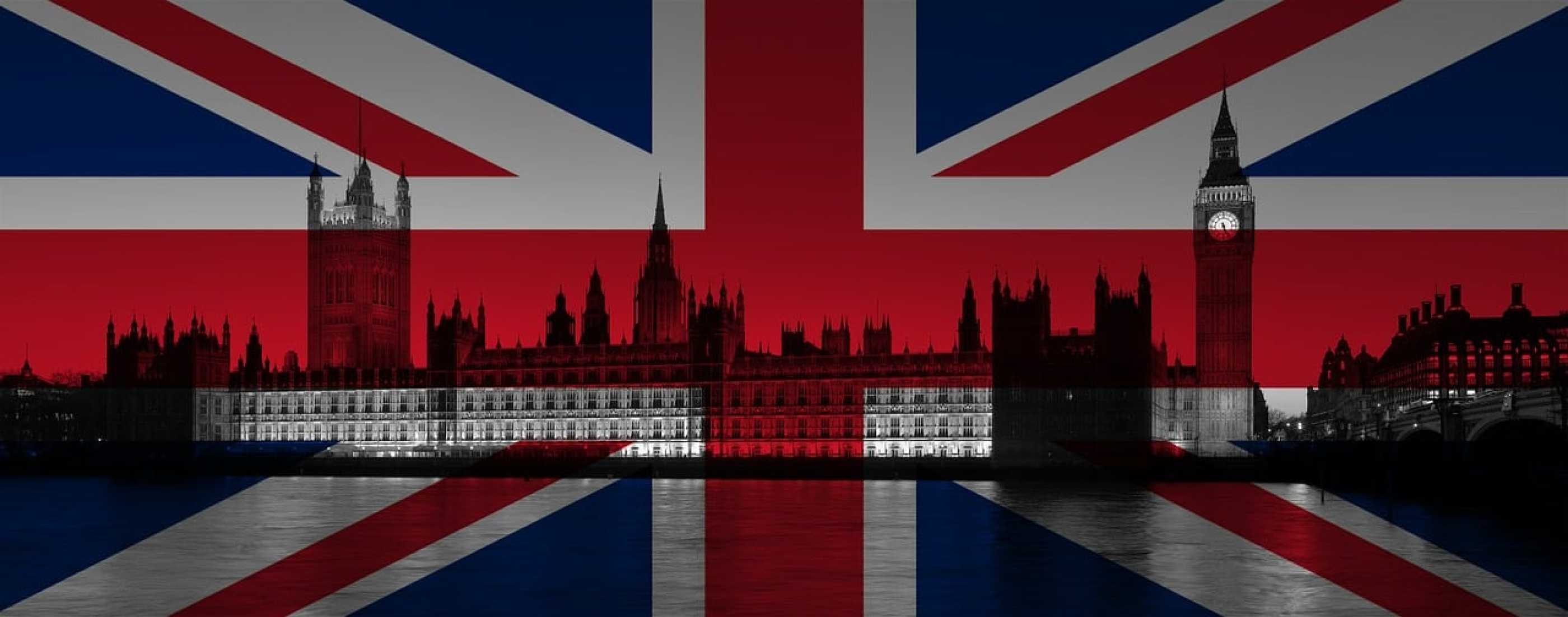 London sky line across the union jack flag